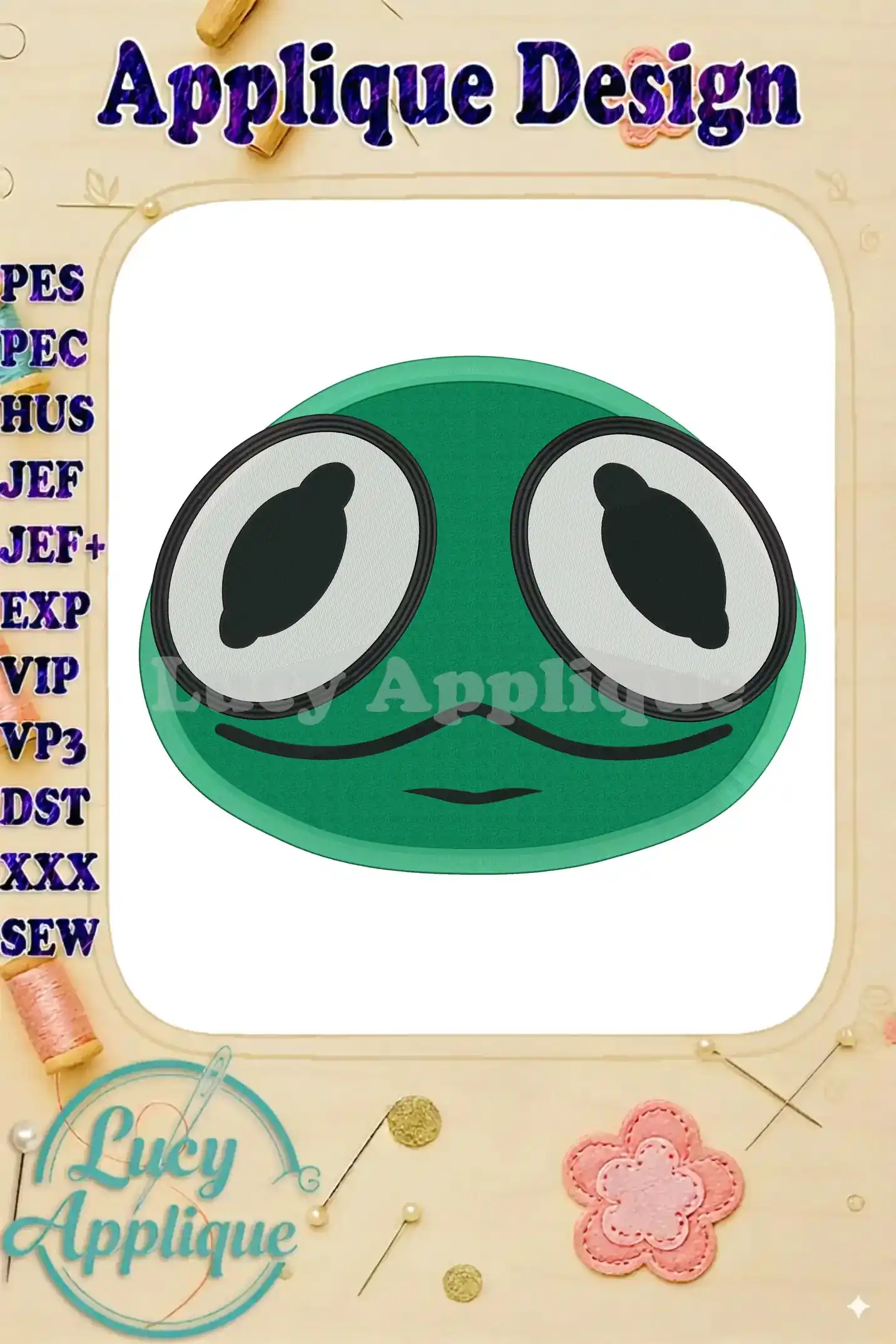 A charming green Muppet character applique embroidery design, ready to be stitched. The design includes various file formats for different embroidery machines.