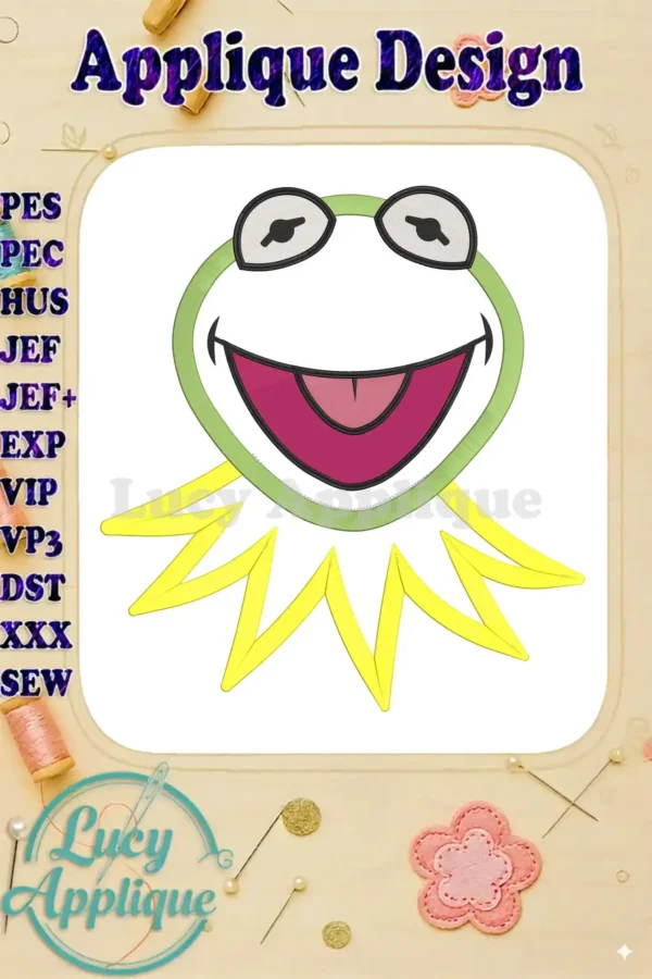 Kermit the Frog applique embroidery design, showcasing his cheerful face and signature lilypad. Various stitch types create texture and dimension.