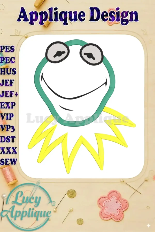 Kermit the Frog applique embroidery design showcasing a cheerful frog face with vibrant green and yellow accents. Detailed instructions are included.