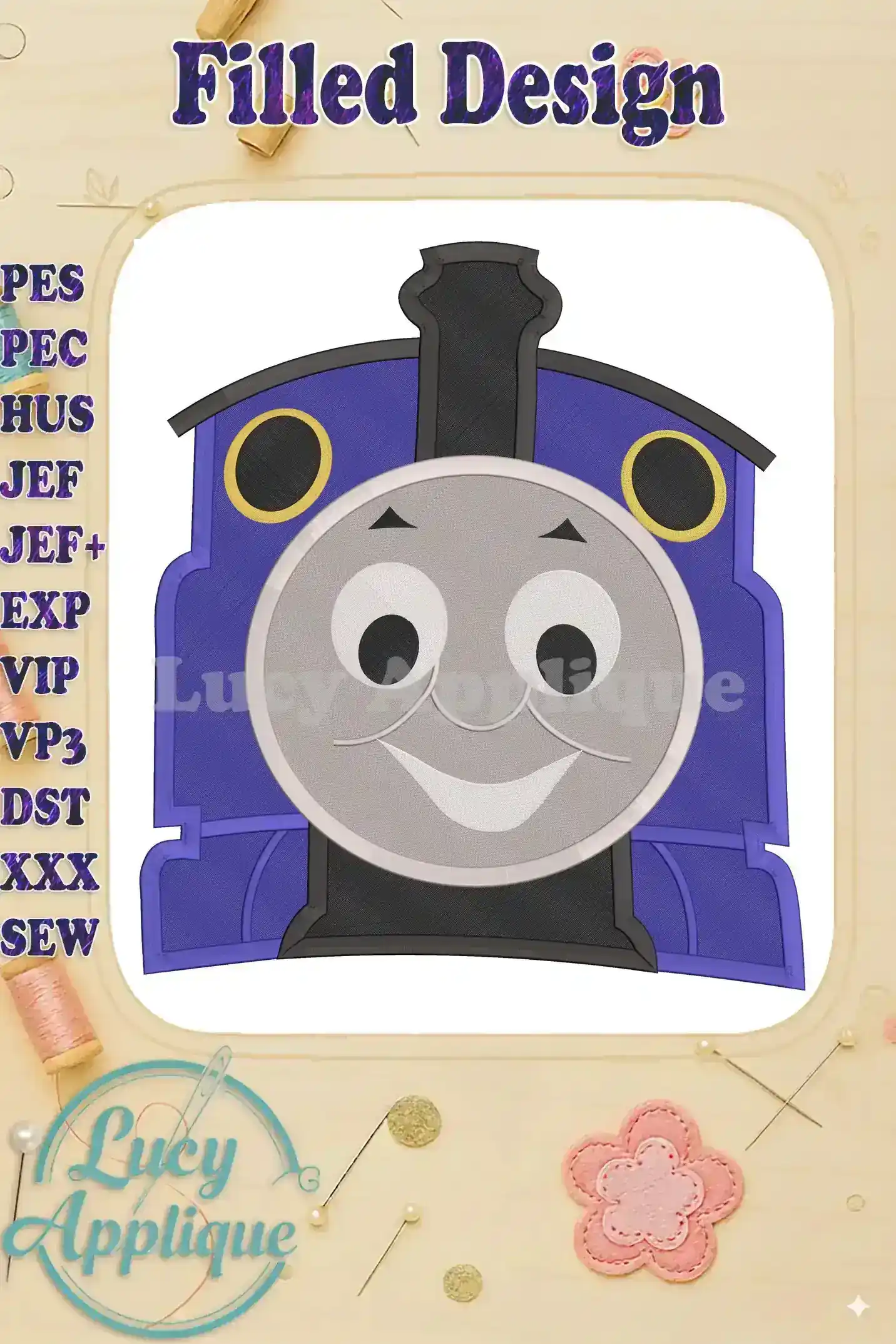 Thomas the Tank Engine's smiling face, a filled machine embroidery design, shown in blue and gray. Perfect for adding a whimsical touch to any project. Includes multiple file formats.