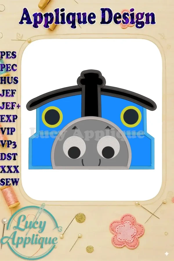 Thomas the Train applique embroidery design in a light blue color scheme. The design is shown on a white background with a decorative border.