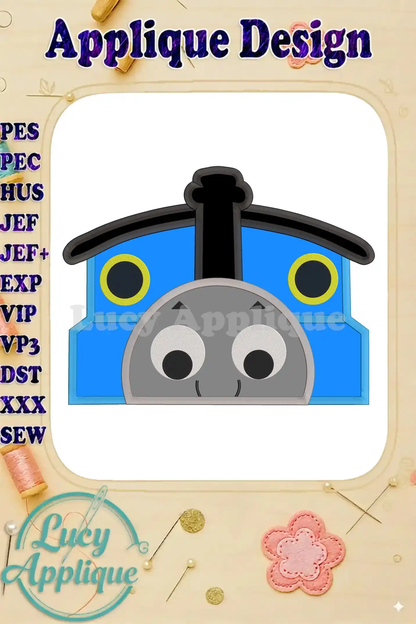 Thomas the Train applique embroidery design in a light blue color scheme. The design is shown on a white background with a decorative border.