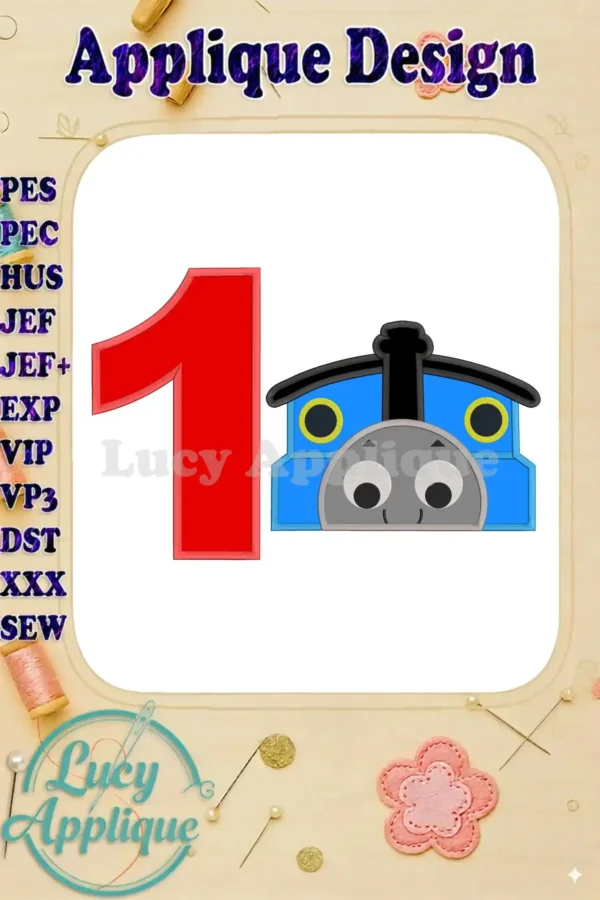 Thomas the Train and the number 1 in applique design, ready to be stitched. The design is shown in a square frame with various file formats listed.