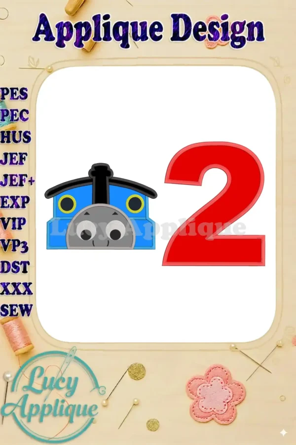 Thomas the Train applique design for a 2nd birthday. Features Thomas's face and the number 2, perfect for embroidery projects. High-quality design, easy to stitch.