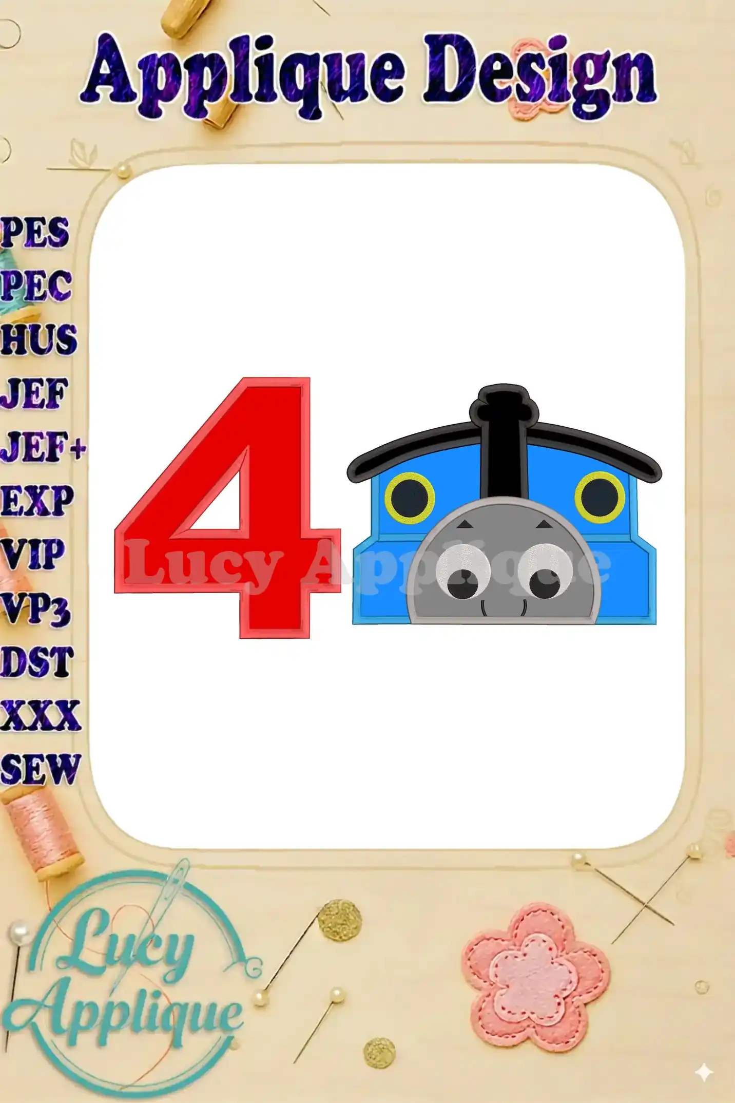 Thomas the Train applique design for a 4th birthday, featuring a red number 4 and Thomas's face. Perfect for adding a personalized touch to clothing or party decorations.