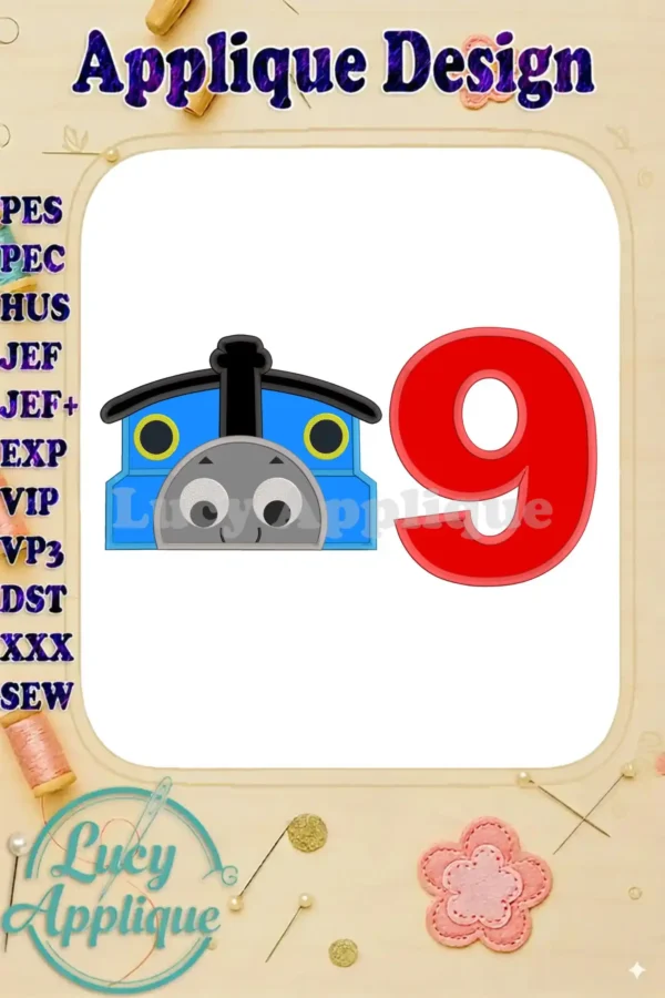 Thomas the Train and the number 9 applique design, perfect for a 9th birthday. The design includes both characters and the number, ready to be embroidered.
