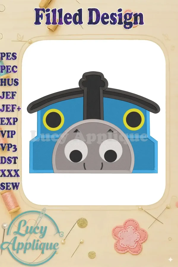 Thomas the Tank Engine face, a filled machine embroidery design. The image shows the design on a white background, ready to be stitched.