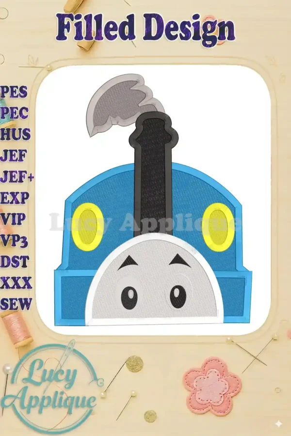 Thomas the Tank Engine's face, a charming blue train head filled embroidery design, ready to be stitched. Perfect for adding a whimsical touch to kids' apparel or accessories.
