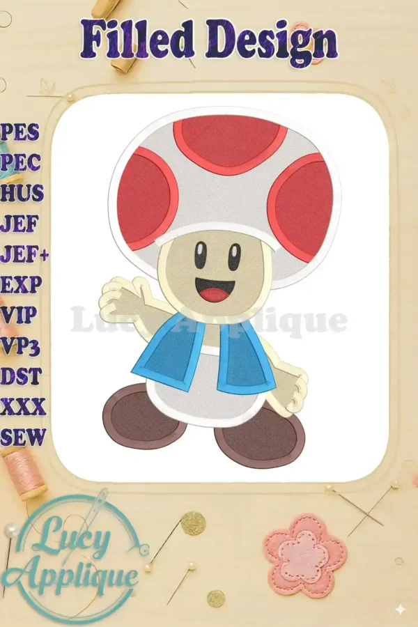 Embroidery design of Toad from Super Mario, showcasing a filled stitch design. Perfect for adding a charming touch to your projects.