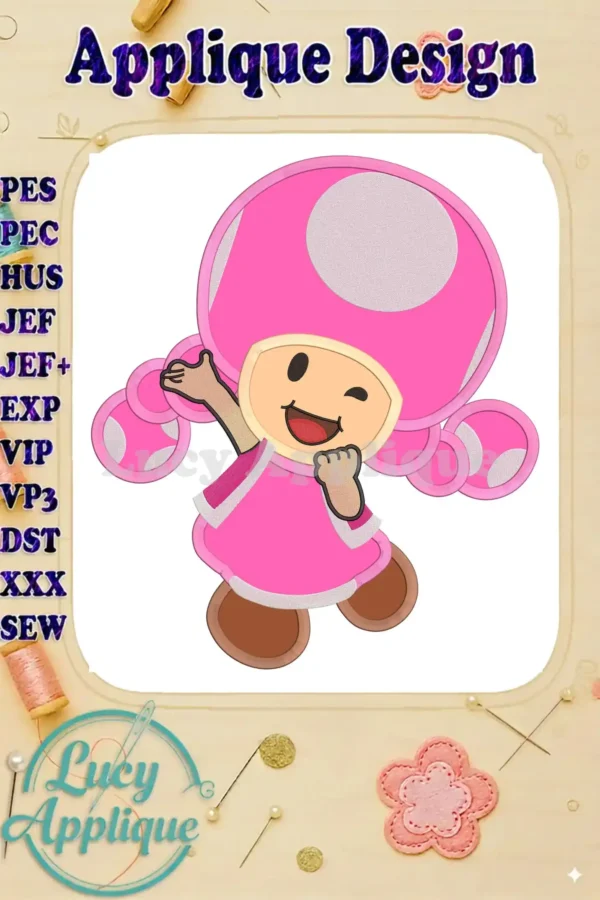 Super Mario Toadette applique embroidery design. A charming pink Toadette character, ready to be stitched. Includes various machine embroidery file formats.