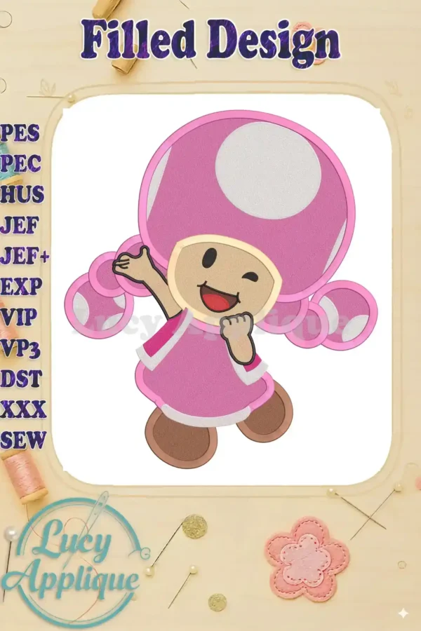 A charming, playful depiction of Toadette from Super Mario, rendered in pink and white filled machine embroidery stitches. This design is perfect for adding a touch of whimsy to any project.