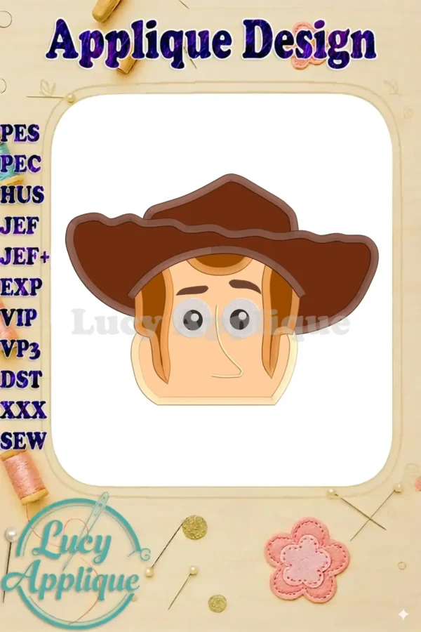 Embroidery design of Sheriff Woody's head from Toy Story, shown as an applique. The design includes brown hat, light skin tone, and dark eyes. Perfect for applique projects.