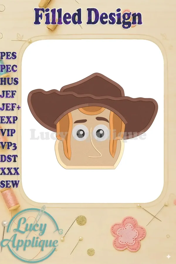 Embroidery design of Sheriff Woody's head from Toy Story, filled stitch style, shown on a white background with brown hat and light skin tone.