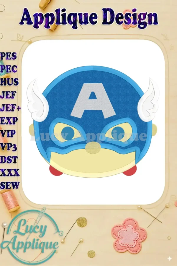 Adorable applique embroidery design of Captain America as a Tsum Tsum character. Features a simplified, chibi-style design with iconic elements.
