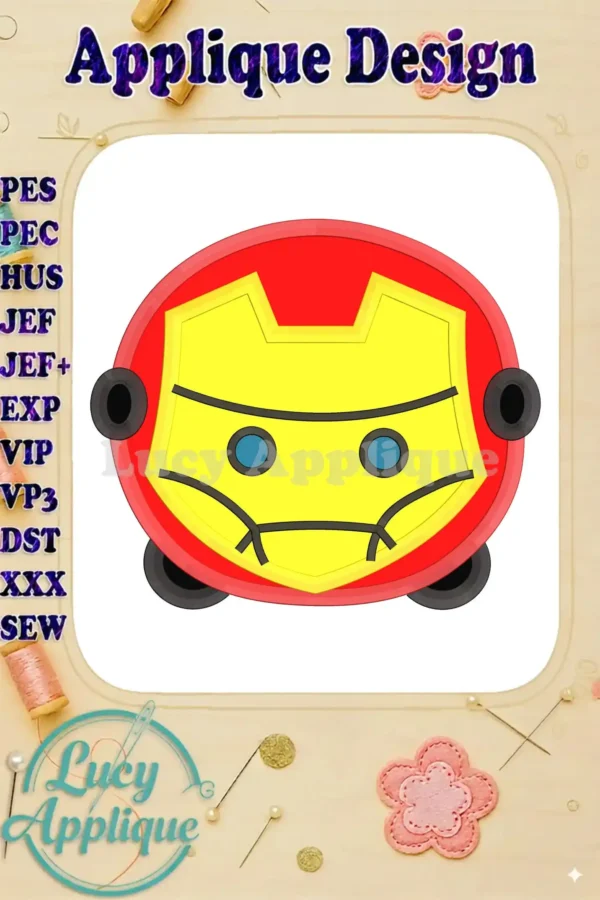 Iron Man Tsum Tsum applique embroidery design showcasing a charming, simplified Iron Man face in red and yellow, ready to be stitched.