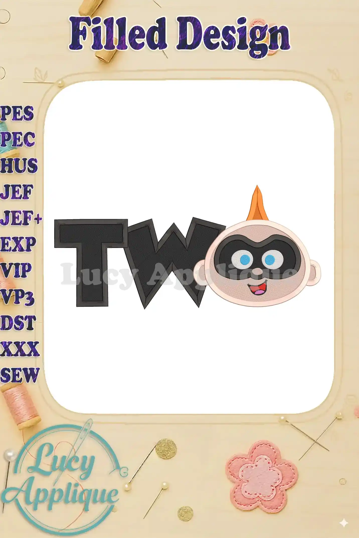 Embroidery design of Jack-Jack Parr from The Incredibles, with the number "TWO" in bold black letters. The design is filled, showing the finished look. Perfect for baby clothes or gifts.