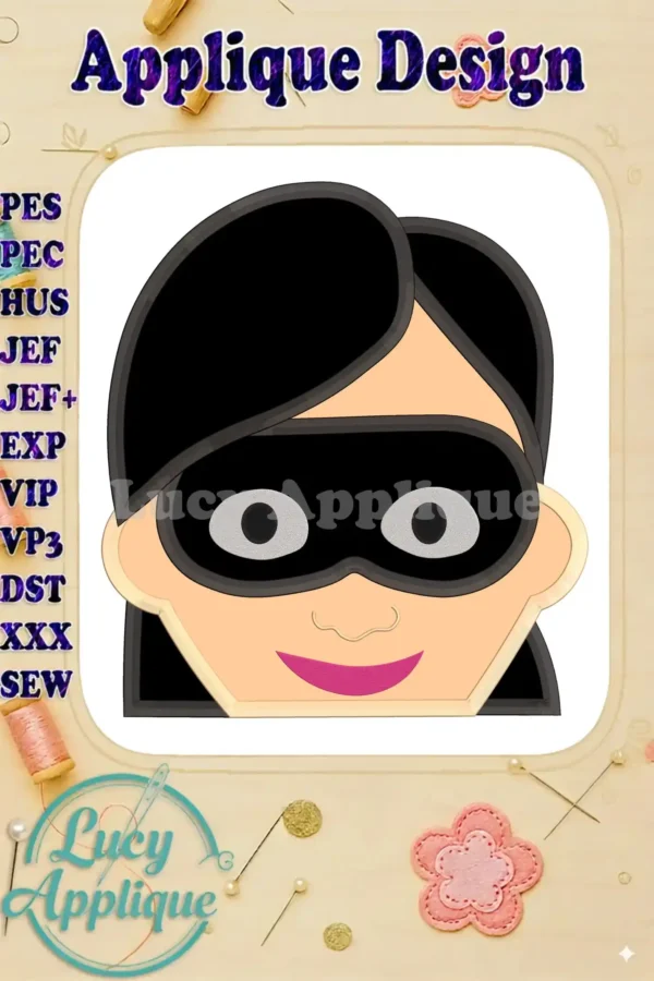 Violet Parr from The Incredibles as an applique embroidery design. The image shows a close-up of the design, showcasing its features and details.