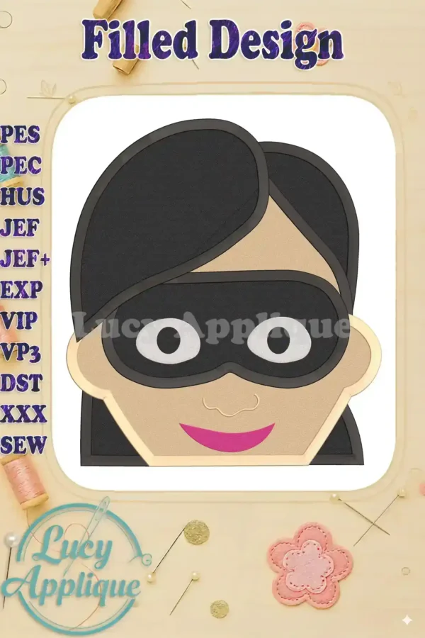Embroidery design of Violet Parr from The Incredibles, wearing her signature mask. The design is filled and features a detailed face.