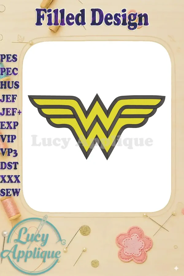 A close-up view of the Wonder Woman logo filled machine embroidery design, showcasing its yellow and black color scheme and the intricate details of the stitching.