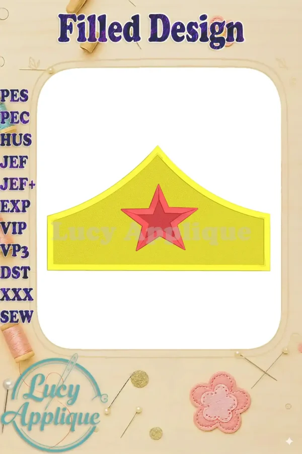 A vibrant yellow Wonder Woman tiara with a red star, ready to be embroidered. This filled design is shown on a white background, with design specs listed.