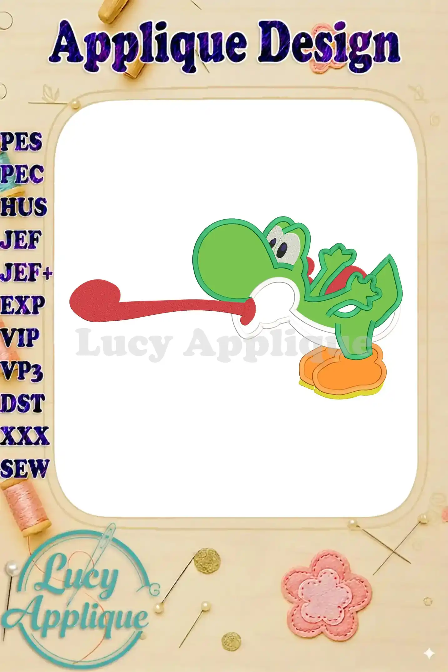 Yoshi Super Mario applique design, showcasing a playful Yoshi character with its tongue sticking out, ready to be embroidered. The design is presented on a white background with decorative borders.