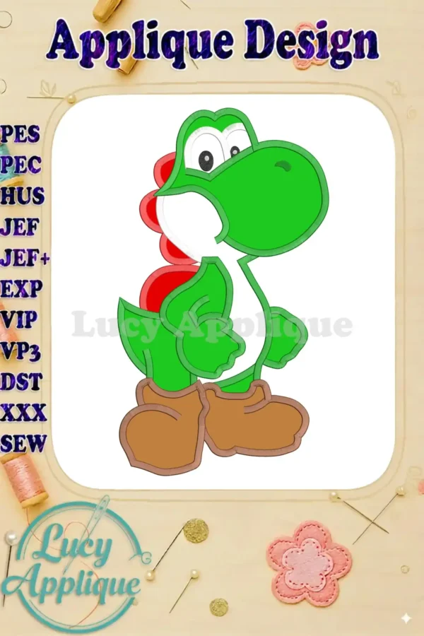 Yoshi Super Mario Applique Embroidery Design. A cute, green Yoshi from Super Mario, ready to be stitched. Applique design shown with brown boots.