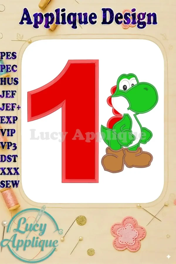 Embroidery design featuring Yoshi from Super Mario celebrating a first birthday, with applique number 1. The design is vibrant and playful, ideal for adding to various craft projects.