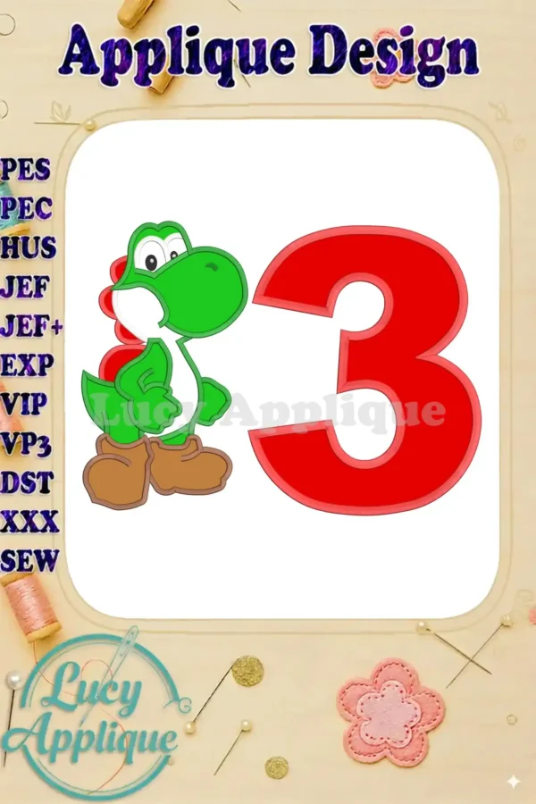 Embroidery design featuring Yoshi from Super Mario, next to the number 3, perfect for a 3rd birthday applique project. The design includes various stitch types for a high-quality look.