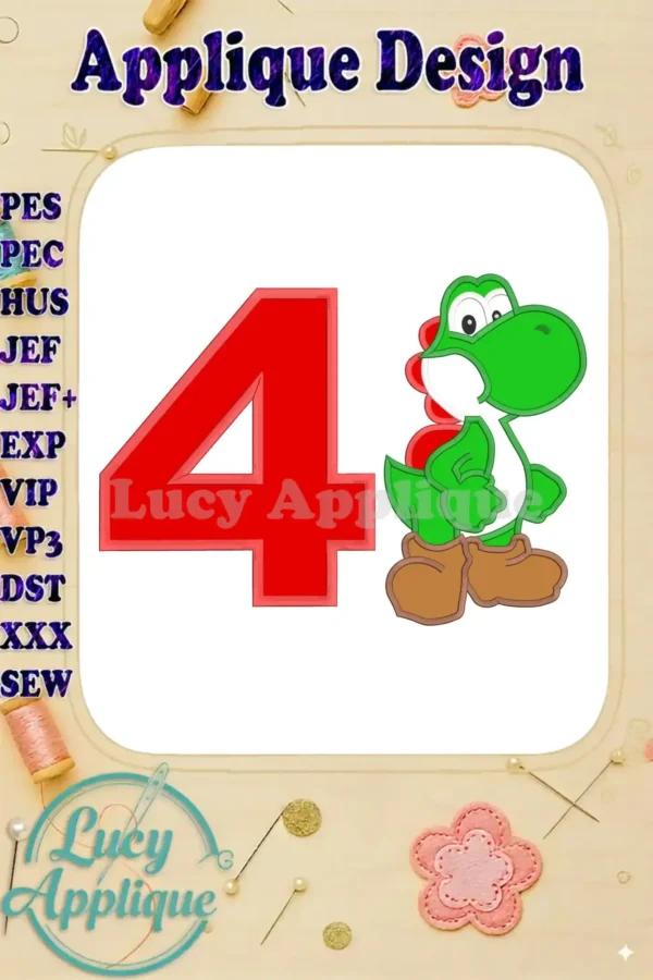 Embroidery design featuring Yoshi from Super Mario, forming the number 4. Perfect for a 4th birthday celebration applique project. Colorful and fun design.