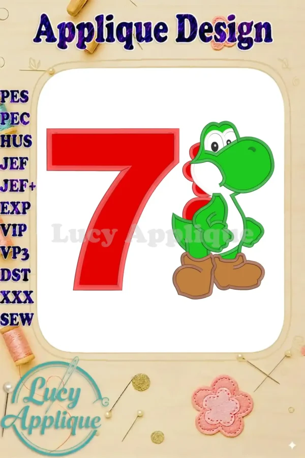 Embroidery design featuring Yoshi from Super Mario, celebrating a 7th birthday. The design includes the number 7 and Yoshi in an applique style.