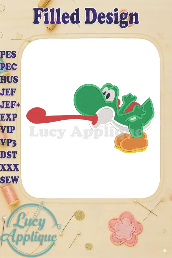 Embroidered Yoshi from Super Mario, a filled design showcasing vibrant green, red, white, and orange, ready to stitch. Perfect for adding a playful touch to any project.