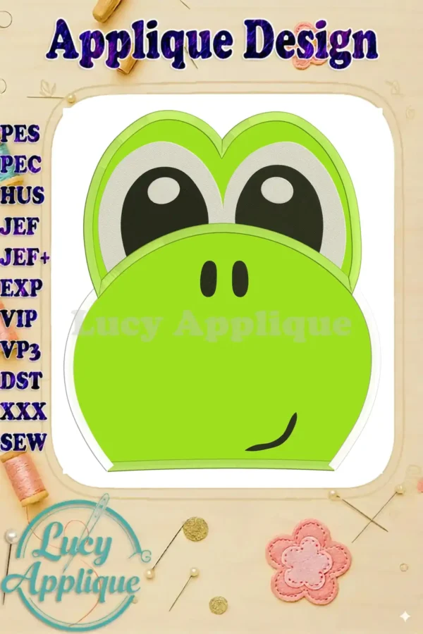 Yoshi Super Mario Head Applique Embroidery Design. A charming applique design featuring Yoshi's friendly face, ready to be stitched onto various fabrics. Perfect for beginners.