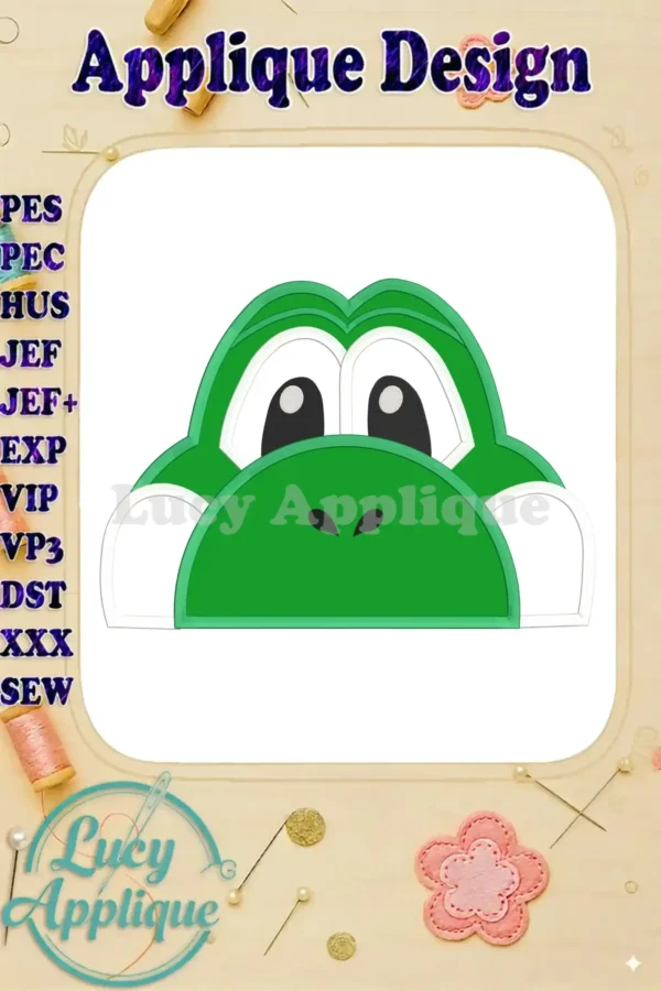 Yoshi Super Mario applique embroidery design. Green Yoshi face with white accents. Includes various file formats for different embroidery machines.