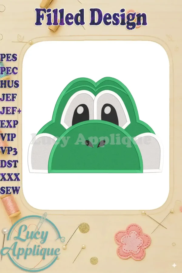 Embroidery design of Yoshi's head from Super Mario, filled in bright green with white accents around the eyes. The design is shown on a white background with a textured border.