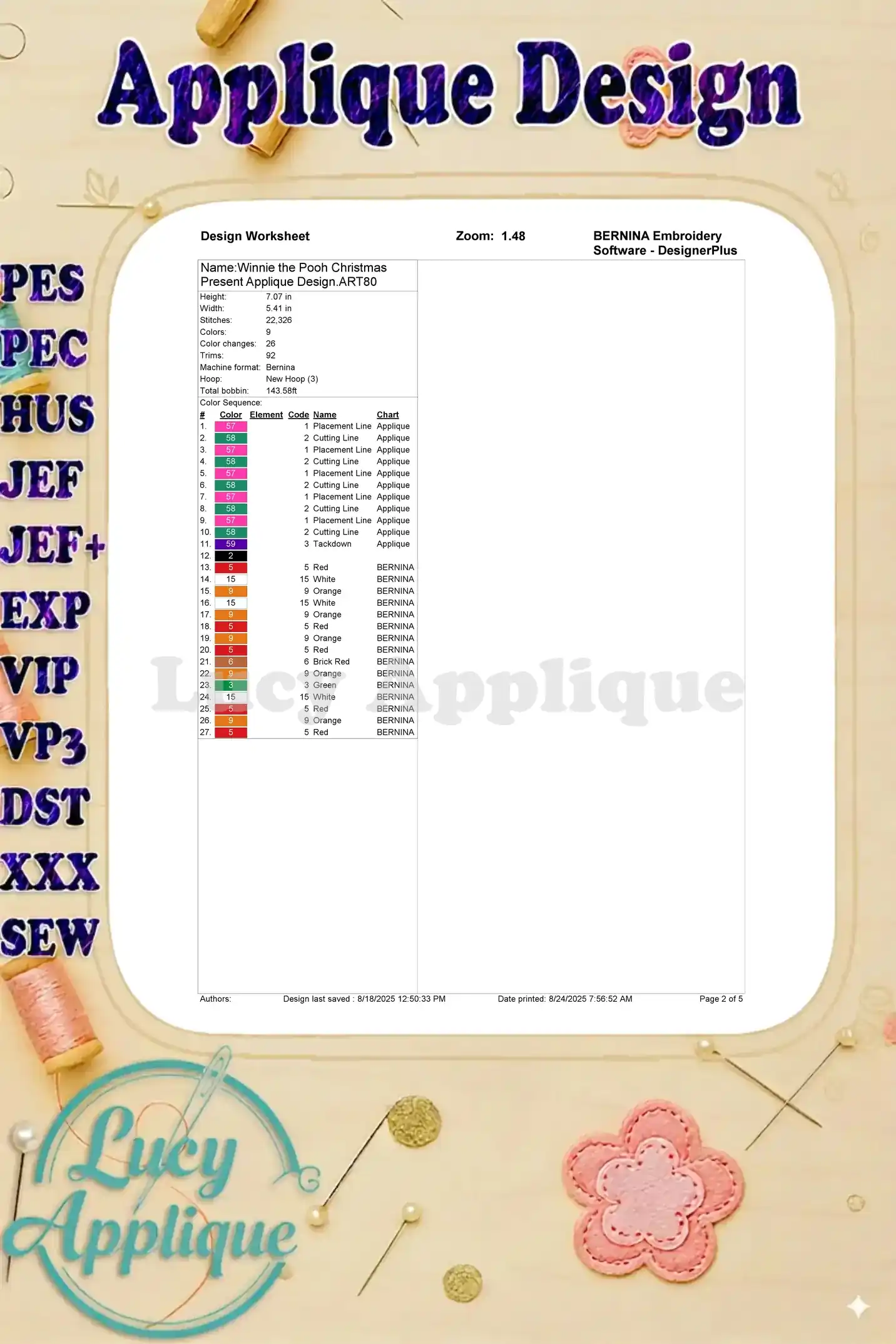 Design worksheet for Winnie the Pooh Christmas present applique, showing color chart, stitch count, and software details.