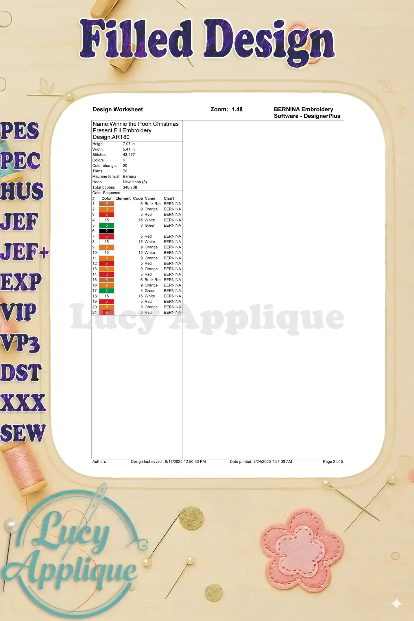 Design worksheet for Winnie the Pooh Christmas embroidery, showing thread colors, stitch counts, and other essential details for successful embroidery.
