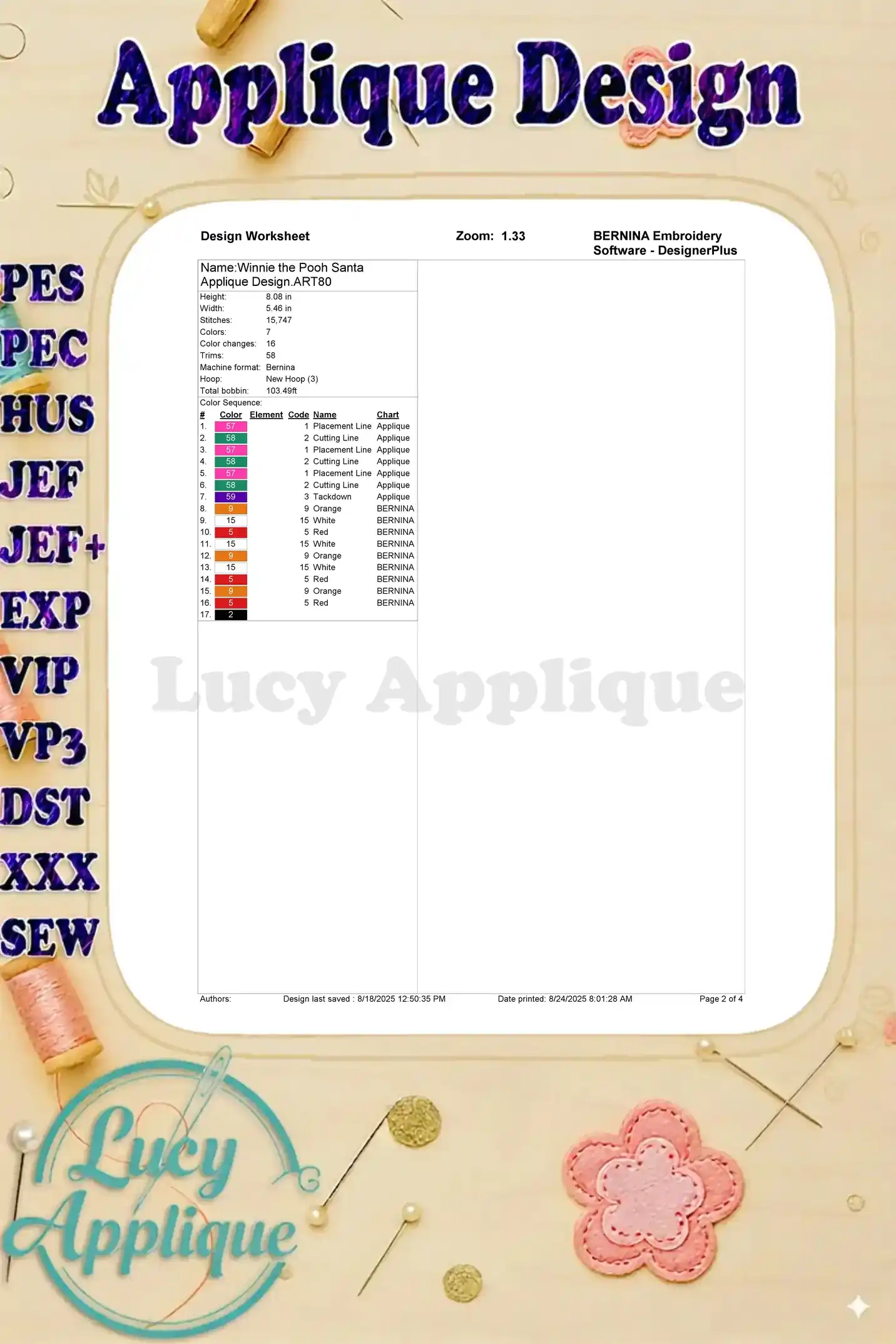 A worksheet showing color codes and placement instructions for the Winnie the Pooh Santa applique embroidery design.