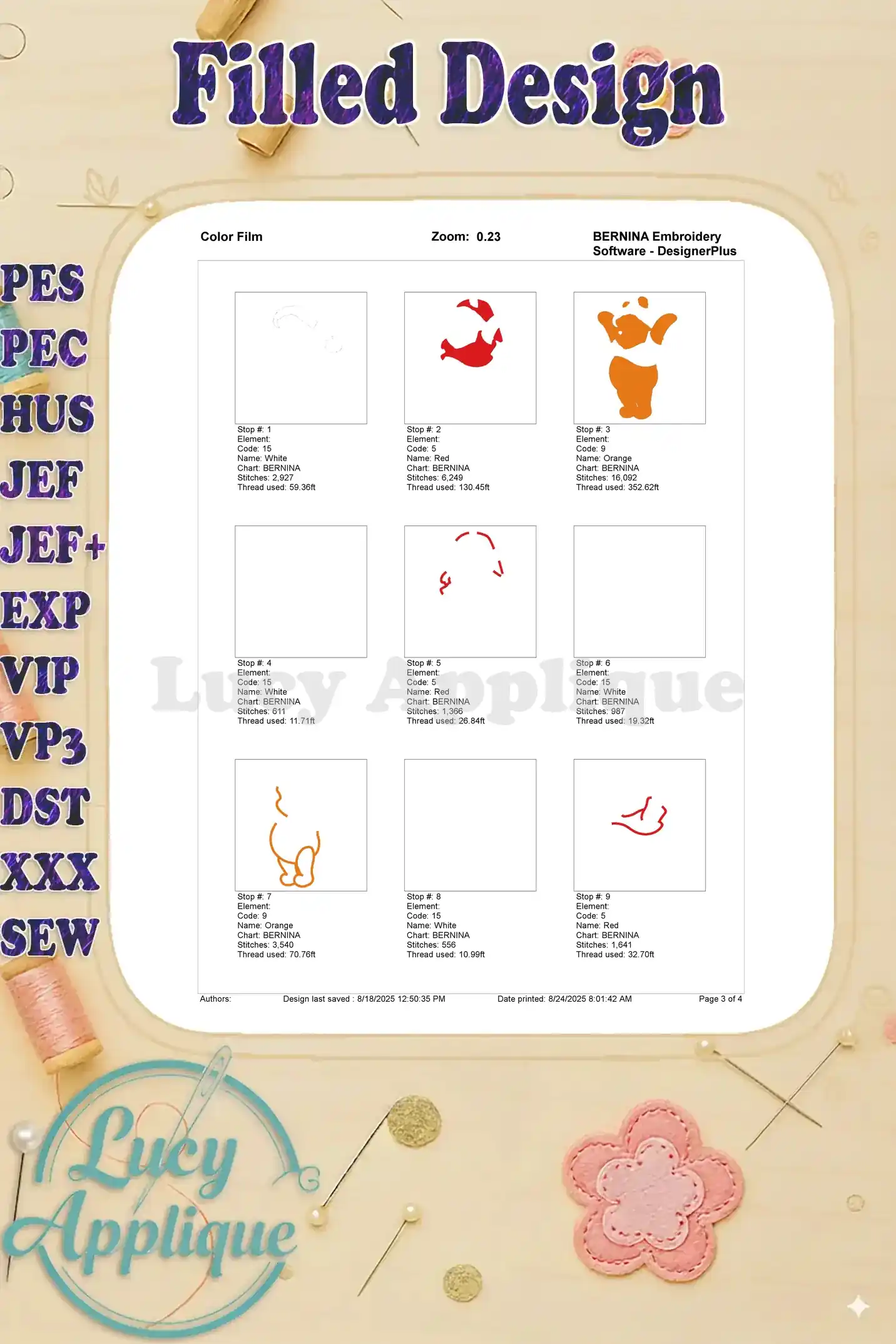 Color film showing the thread colors and their sequence for the Winnie-the-Pooh Santa embroidery design, simplifying the stitching process.
