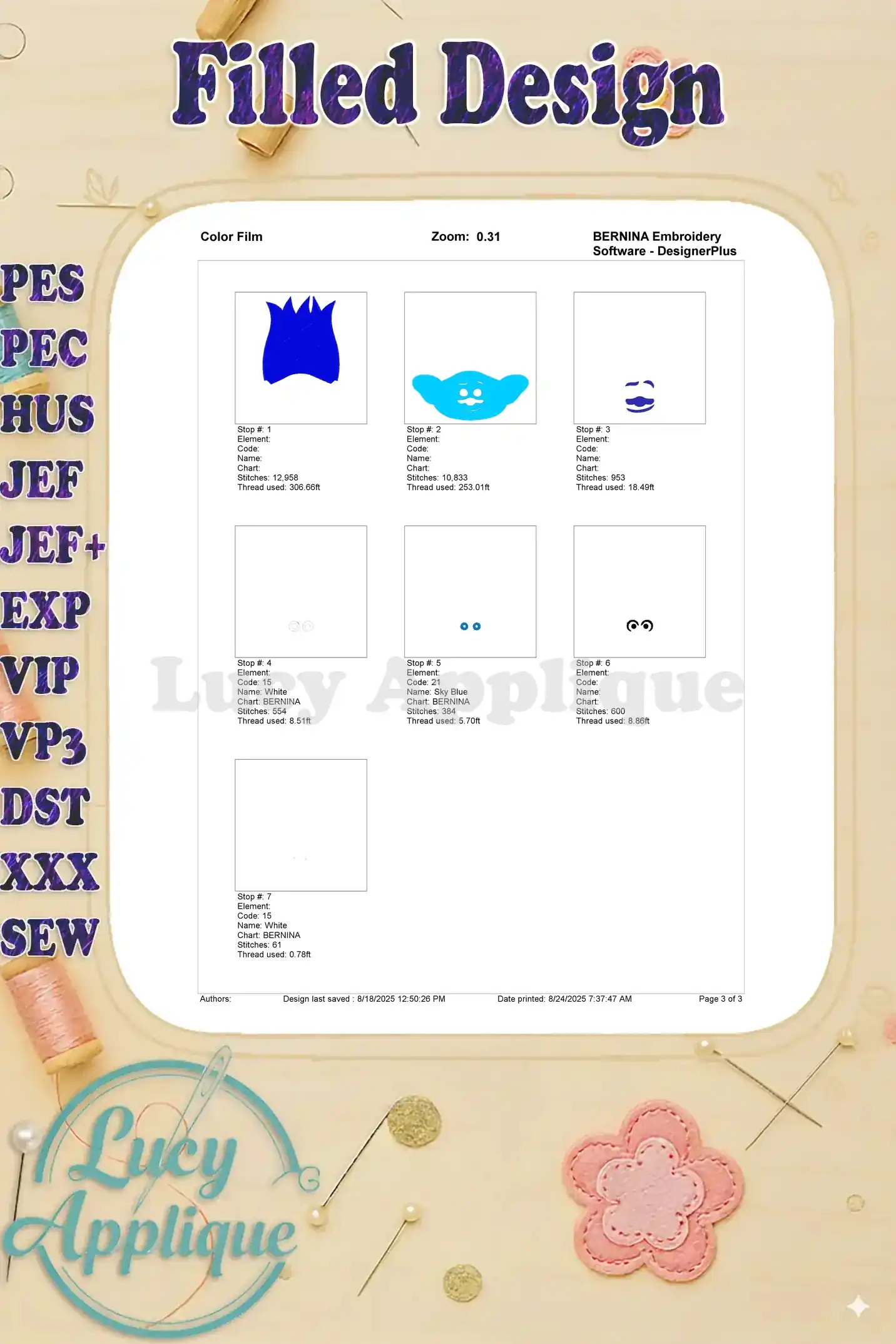 Color film for Trolls Branch embroidery showing thread colors and their corresponding numbers. Useful for selecting the right threads for embroidery.