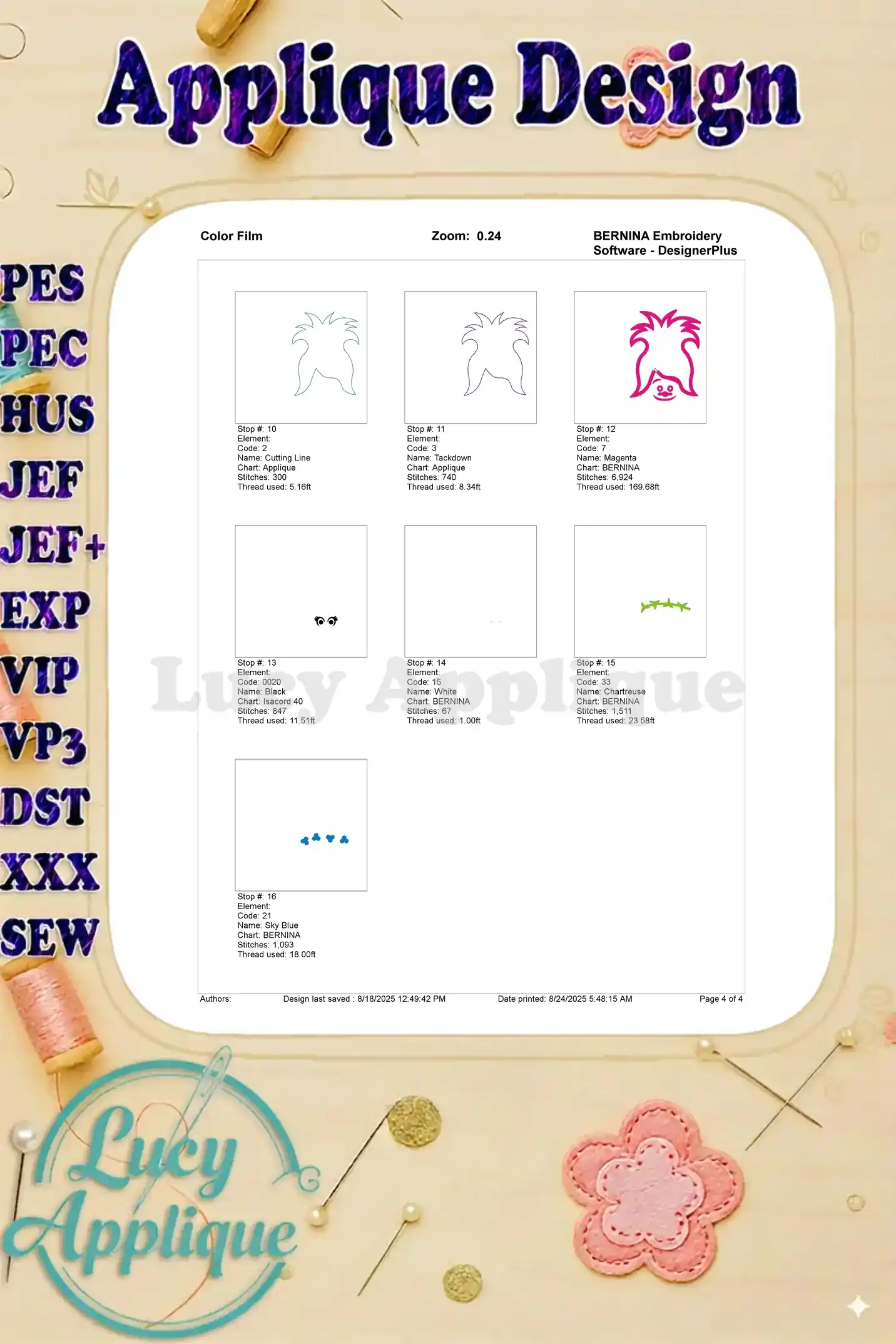 Color film showing the embroidery steps for the Poppy Trolls applique design, focusing on Poppy's face and hair.