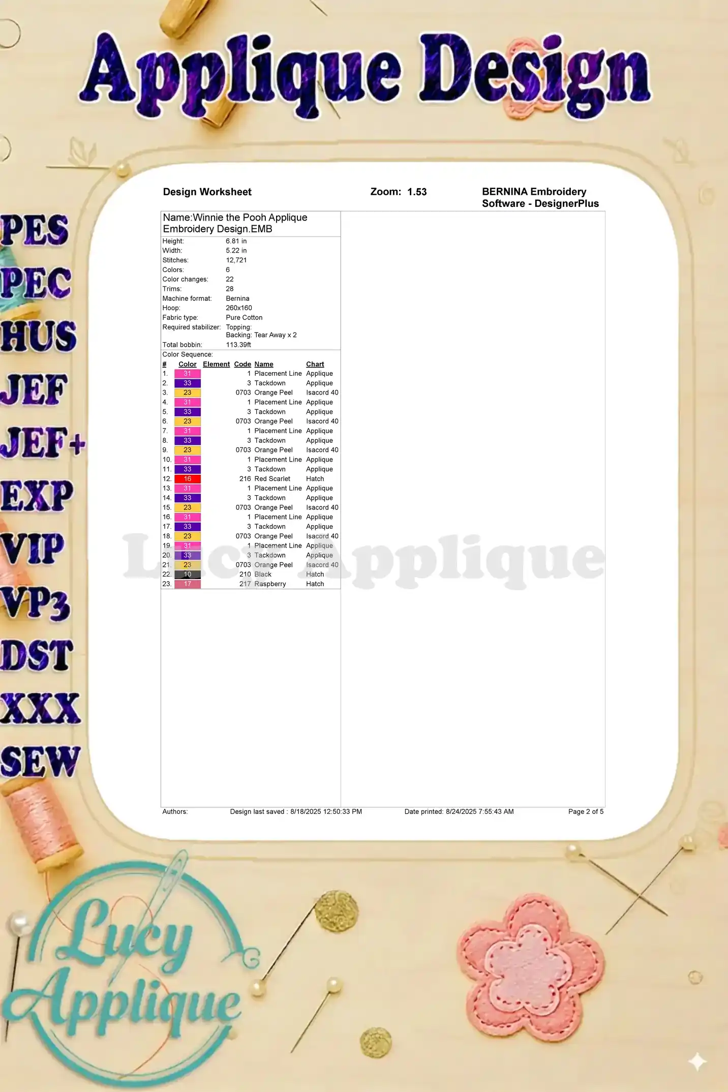 Winnie the Pooh Applique Embroidery Design Worksheet. Shows stitch count, color changes, and a comprehensive color chart for the embroidery project.