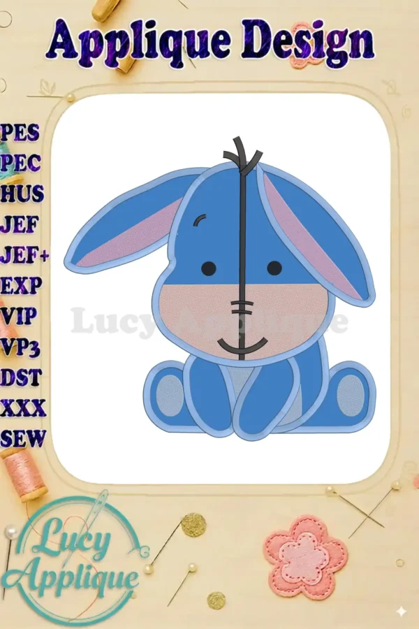 Baby Eeyore applique embroidery design in blue and purple, sitting down with a sweet expression. Various machine embroidery file formats are listed.