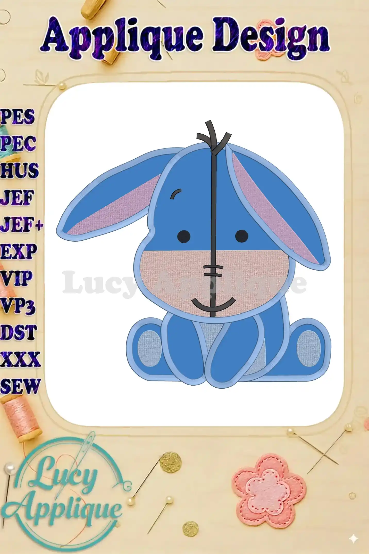 Baby Eeyore applique embroidery design in blue and purple, sitting down with a sweet expression. Various machine embroidery file formats are listed.