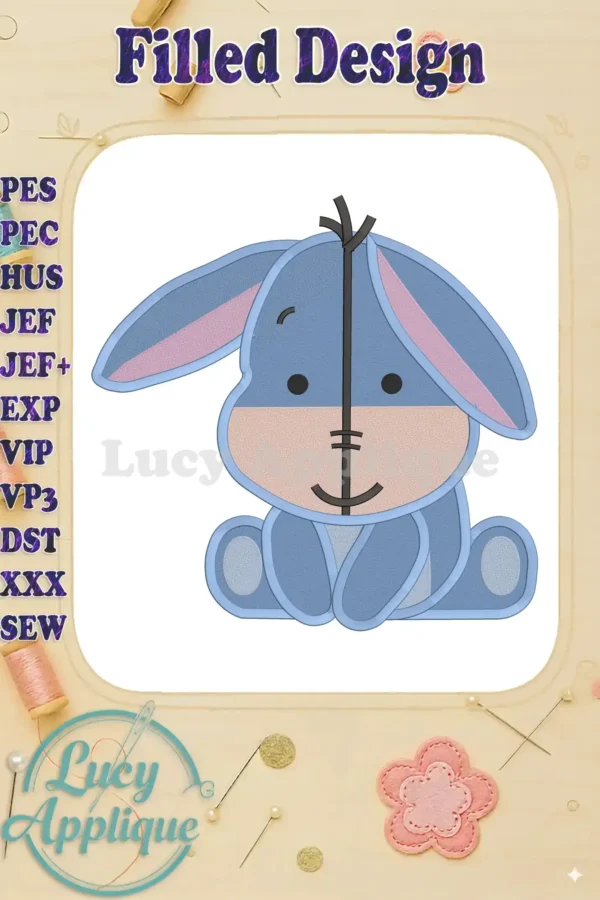 Embroidery design of Baby Eeyore, a cute cartoon donkey, sitting. The design is filled with pastel blue and pink colors. Perfect for baby projects.