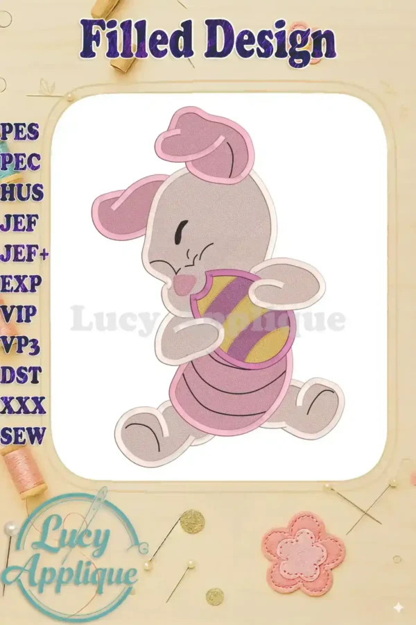 Embroidery design of a cute baby piglet holding an Easter egg, stitched in pink and gray. Perfect for adding a touch of spring to your projects.