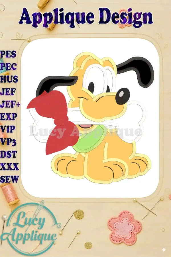 Adorable Baby Pluto applique embroidery design, showcasing a playful cartoon puppy holding a red bow. Perfect for adding a Disney touch to your creations.