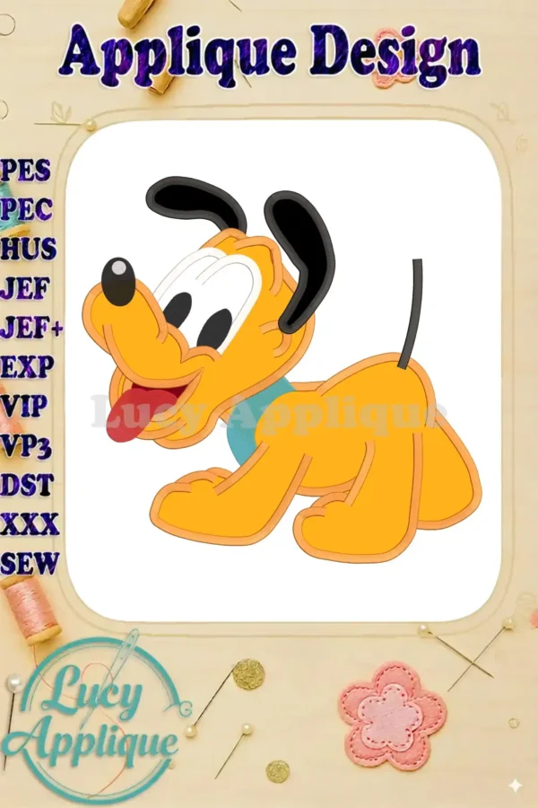 Baby Pluto applique embroidery design, showcasing a cute cartoon dog in orange and teal, ready to be stitched. The design is presented on a white background with various file formats listed.