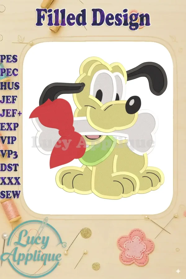 Embroidery design of Baby Pluto, a cute cartoon dog, holding a bone. The design uses filled stitches and is presented on a white background.