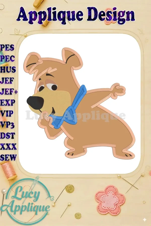 Main image showcasing the finished Boo Boo Bear applique embroidery design, ready to be stitched. Various file formats are listed.