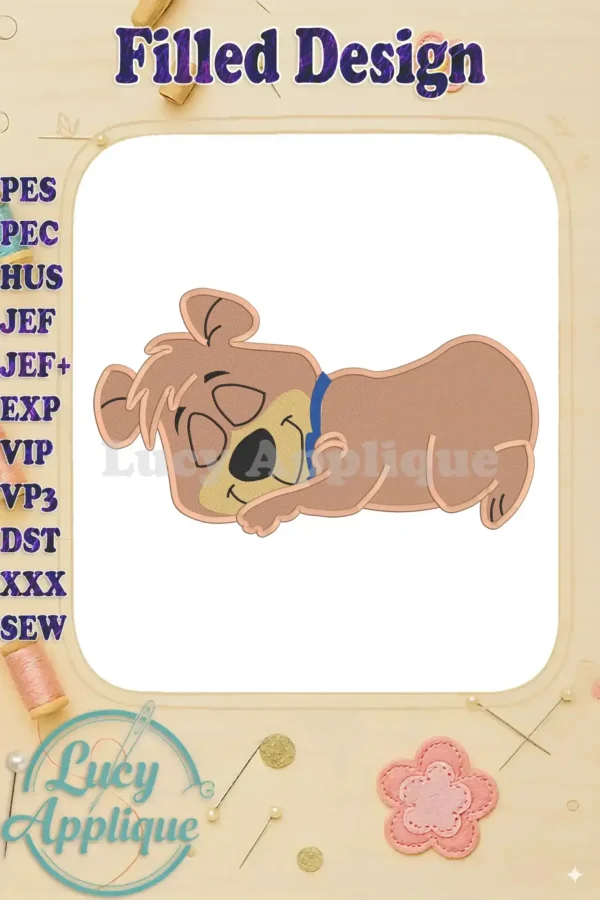 Close-up of a charming filled embroidery design of Boo Boo Yogi Bear, sleeping peacefully. The design is shown in brown and blue, against a white background.